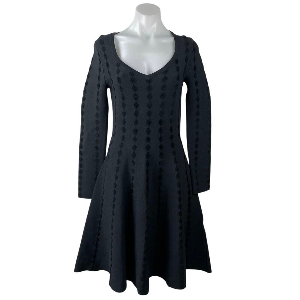 Maje Riziere Black Long Sleeve Diamond Embroidered Fit & Flare Skater Mini Dress